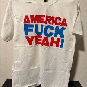America F**k Yeah! White Tee with Bold Red and Blue Text
